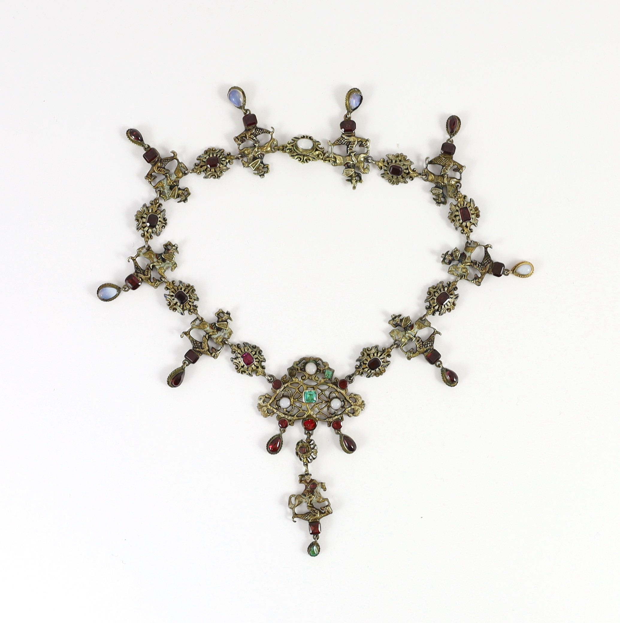 A 19th century Austro-Hungarian? gilt metal, gem, enamel and paste set drop fringe necklace, 36cm, in fitted box.